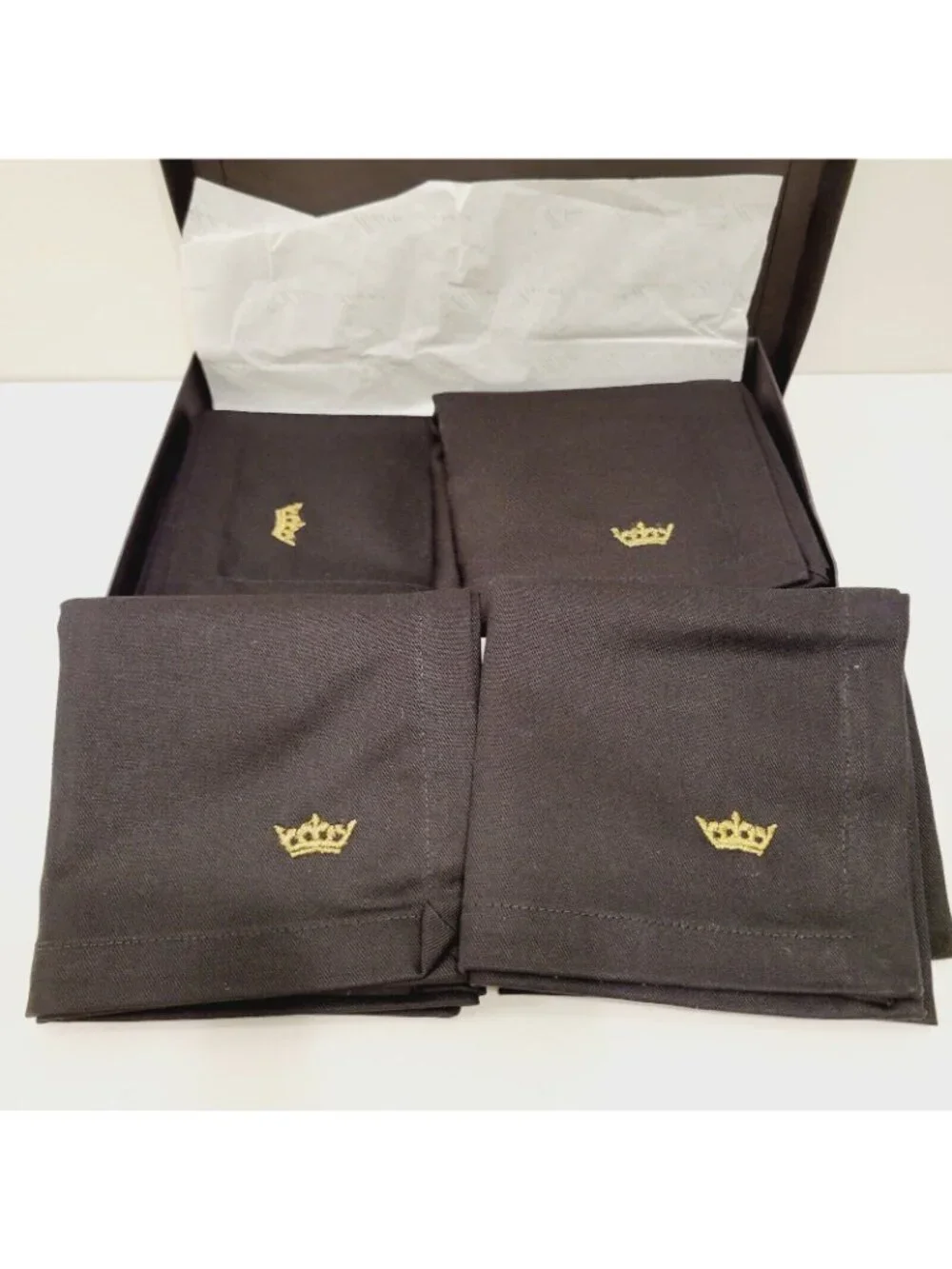 4 Melaire Linens Handmade Napkins Black With Gold Crown Embroidery South Africa